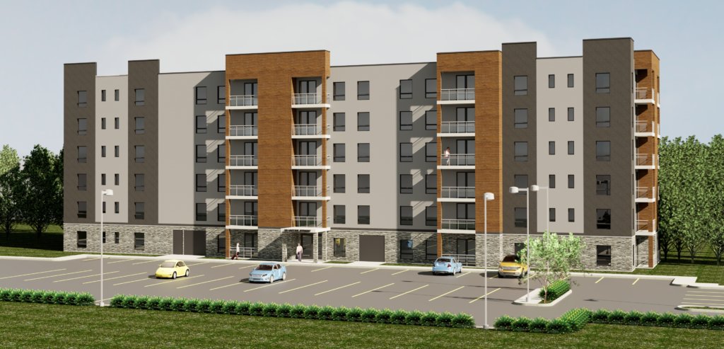 The exterior rendering of a new residential complex in Essex, Ontario.